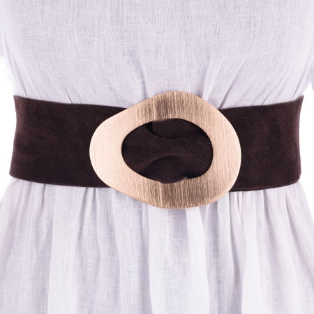 Curele & Centuri - Curea maro inchis din piele intoarsa naturala cu latime de 8 cm, catarama aurie neregulata