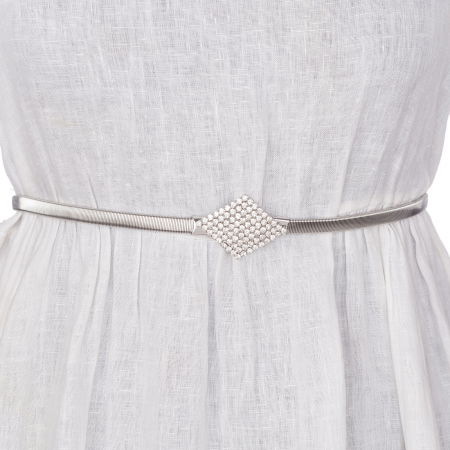 Curele & Centuri - Curea flexibila metalica argintie cu catarama romb cu strasuri albe