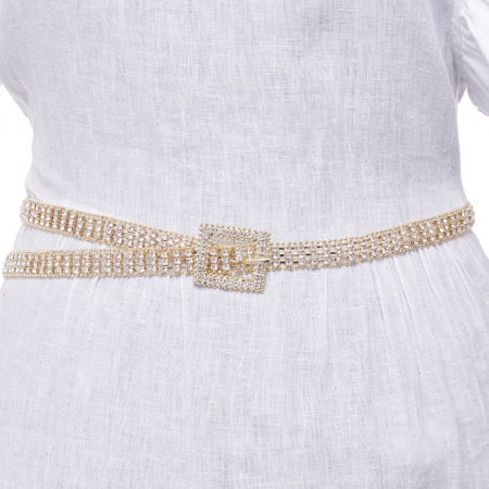 Curele & Centuri - Curea metalica aurie cu strasuri albe de 1.5 cm, flexibila cu catarama patrata