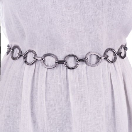 ACCESORII DAMĂ - Curea metalica argintiu inchis cu cercuri neregulate, flexibila cu lant de prelungire