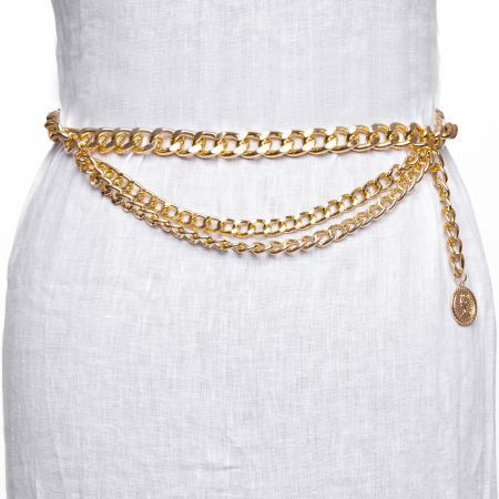 Curele & Centuri - Curea metalica aurie cu model lant si alte 2 lanturi decorative