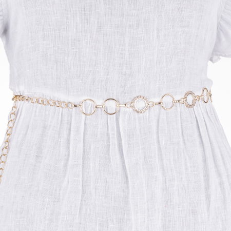 Curele & Centuri - Curea metalica aurie cu cercuri si strasuri albe, flexibila cu lant de prelungire
