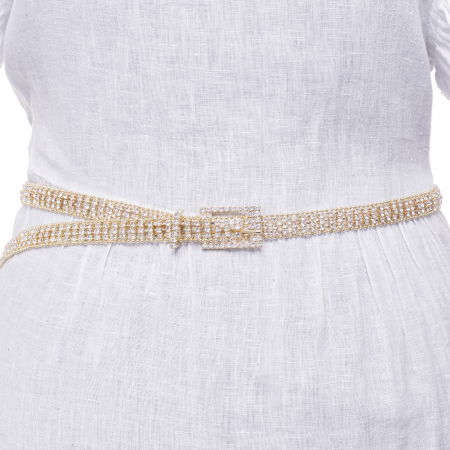 Curele & Centuri - Curea metalica aurie cu strasuri albe de 1.5 cm, flexibila cu catarama dreptunghiulara