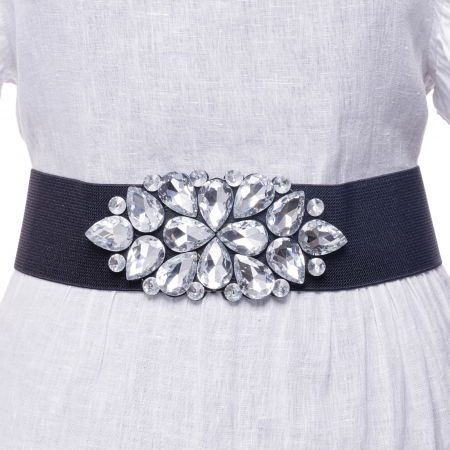 Curele & Centuri - Curea neagra 6 cm latime din material elastic, cu decoratiune din sticla argintie