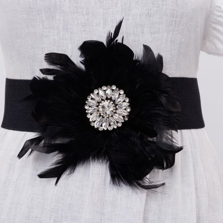 Curele & Centuri - Curea neagra 6 cm latime din material elastic, cu decoratiune din sticla argintie si pene naturale negre
