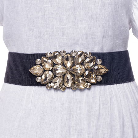 ACCESORII DAMĂ - Curea neagra 6 cm latime din material elastic, cu decoratiune din sticla aurie