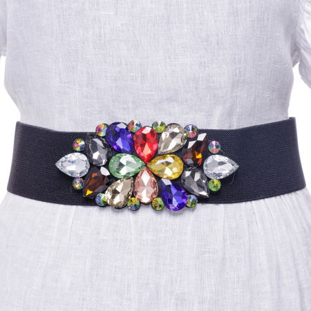 ACCESORII DAMĂ - Curea neagra 6 cm latime din material elastic, cu decoratiune din sticla multicolora