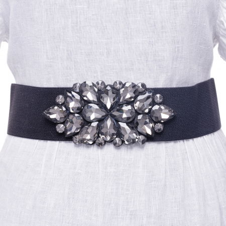 Curele & Centuri - Curea neagra 6 cm latime din material elastic, cu decoratiune din sticla fumurie