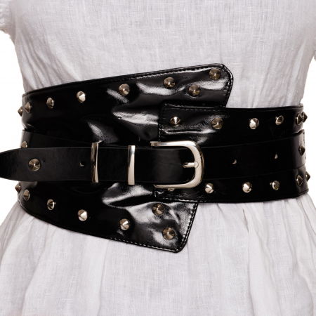 Curele & Centuri - Curea neagra asimetrica din piele ecologica lucioasa cu catarama si tinte metalice argintii, cu elastic la spate