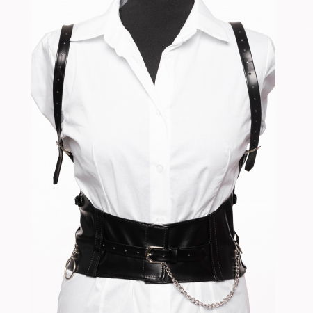 Curele & Centuri - Curea neagra cu catarama argintie cu lant  si bretele, din imitatie piele