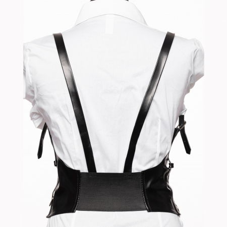 Curea neagra cu catarama argintie cu lant  si bretele, din imitatie piele [1]