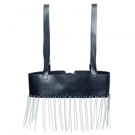 Curea neagra cu catarame argintii si bretele din imitatie piele, cu margele metalice lungi [3]