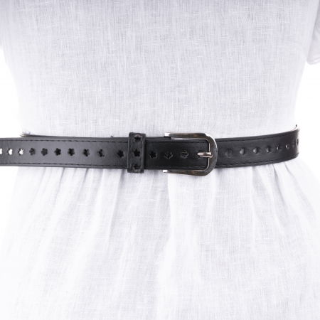 ACCESORII DAMĂ - Curea neagra de 2.5 cm cu flori decupate, din piele ecologica cu catarama metalica argintie