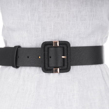 Curea neagra de 4 cm, din piele ecologica cu catarama metalica rectangulara aurie imbracata in impletitura