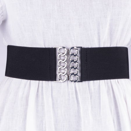 Curele & Centuri - Curea neagra de 6 cm, din material elastic cu catarama argintie