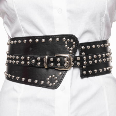 ACCESORII DAMĂ - Curea neagra asimetrica din piele ecologica cu catarama si tinte metalice argintii, cu elastic la spate