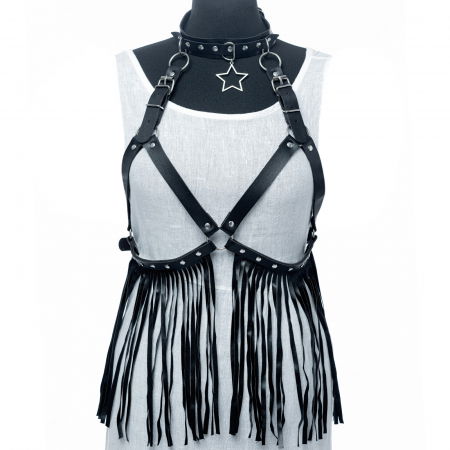 ACCESORII DAMĂ - Curea neagra fantezista cu catarame argintii si bretele din imitatie piele, cu franjuri lungi