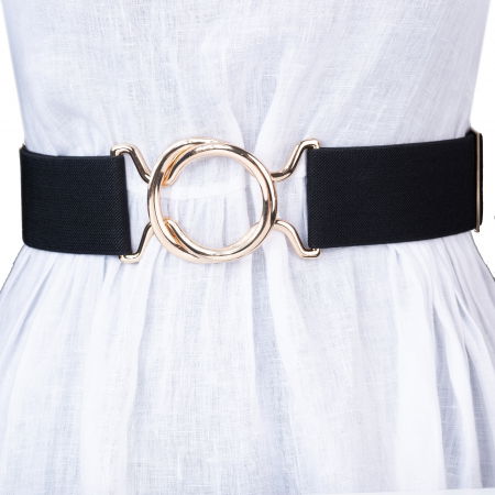 Curele & Centuri - Curea neagra lata de 5 cm, din material elastic cu catarama aurie