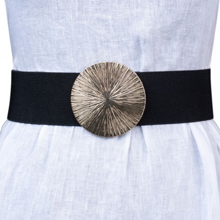 Curele & Centuri - Curea neagra lata de 6 cm, din material elastic cu catarama aurie cu striatii