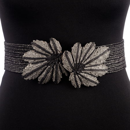 Curele & Centuri - Curea neagra lata de 5,5 cm, din material elastic cu catarama in forma de frunza