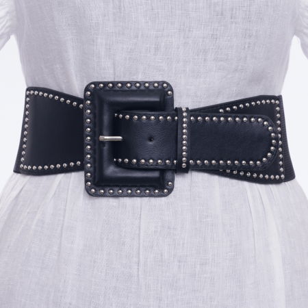 ACCESORII DAMĂ - Curea neagra lata de 7.5 cm din material elastic cu catarama din piele ecologica cu tinte metalice