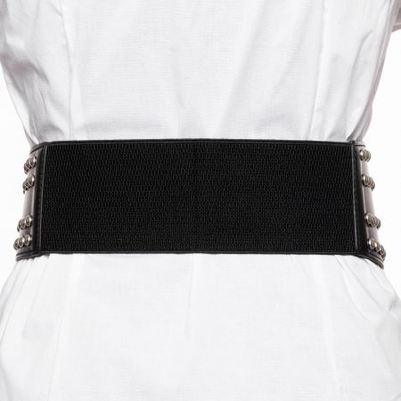 Curea neagra din piele ecologica cu catarama si capse metalice argintii, cu elastic la spate [1]