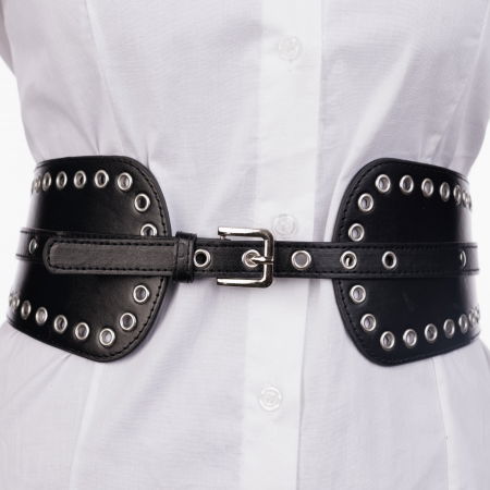 Curele & Centuri - Curea neagra din piele ecologica cu catarama si capse metalice argintii, cu elastic la spate