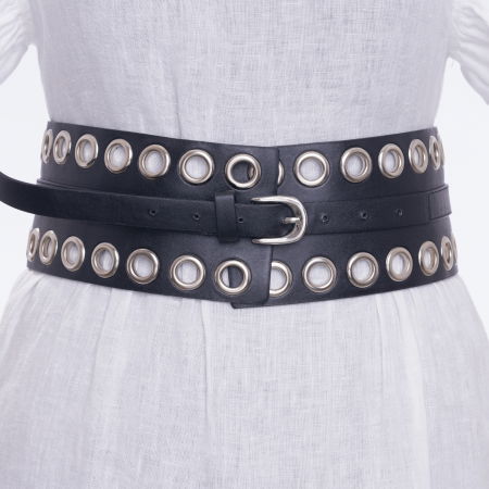 ACCESORII DAMĂ - Centura neagra lata de 9 cm din piele ecologica cu capse si catarama metalice argintii