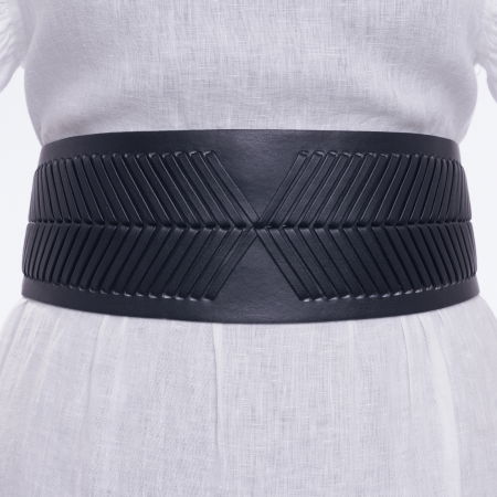 ACCESORII DAMĂ - Centura neagra din material elastic si piele ecologica cu decoratiune din acealasi material