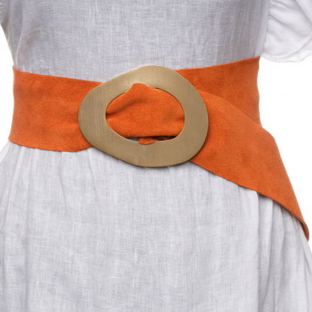 Curele & Centuri - Curea portocalie din piele intoarsa naturala cu latime de 8 cm, catarama aurie neregulata