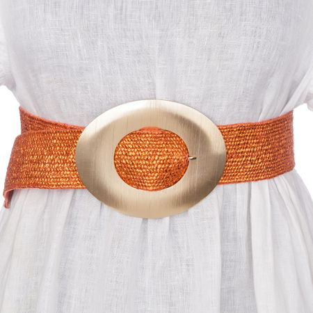 Curele & Centuri - Curea elastica portocalie din impletitura cu latime de 5 cm, catarama aurie