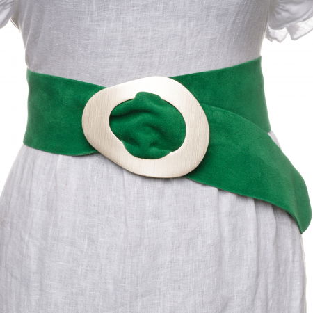 Curele & Centuri - Curea verde din piele intoarsa naturala cu latime de 8 cm, catarama aurie neregulata