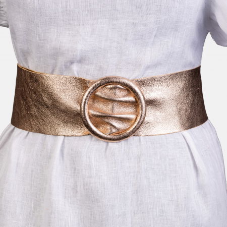 Curele & Centuri - Curea aurie din piele naturala cu latime de 7 cm, catarama rotunda imbracata in piele