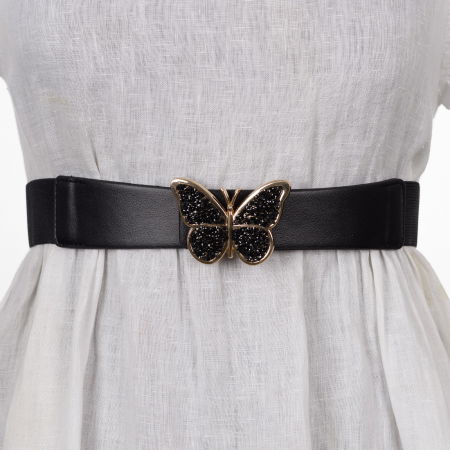 Curele & Centuri - Curea reglabila elastica neagra de 4 cm latime cu catarama fluture auriu cu paiete negre