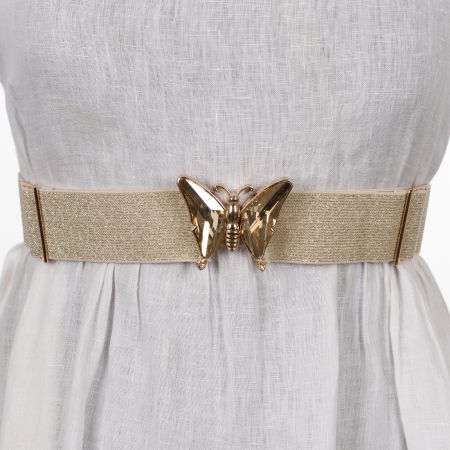 Curele & Centuri - Curea reglabila elastica aurie de 4 cm latime cu catarama fluture auriu cu sticla si metal