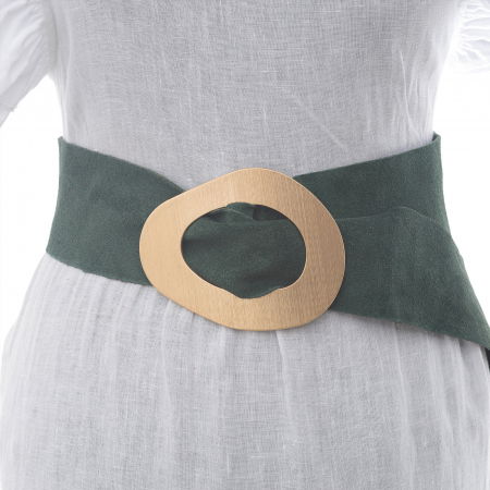 Curele & Centuri - Curea verde inchis din piele intoarsa naturala cu latime de 8 cm, catarama aurie neregulata