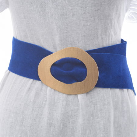 Curele & Centuri - Curea albastra din piele intoarsa naturala cu latime de 8 cm, catarama aurie neregulata