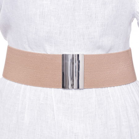 Curele & Centuri - Curea bej 6 cm latime din material elastic, cu catarama argintie