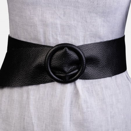 Curele & Centuri - Curea neagra din piele naturala cu latime de 7 cm, catarama rotunda imbracata in piele