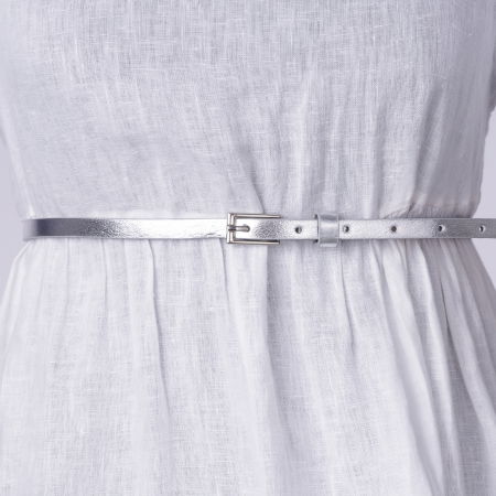 Curele & Centuri - Curea subtire argintie de 0.9 cm, din piele ecologica cu catarama metalica argintie dreptunghiulara