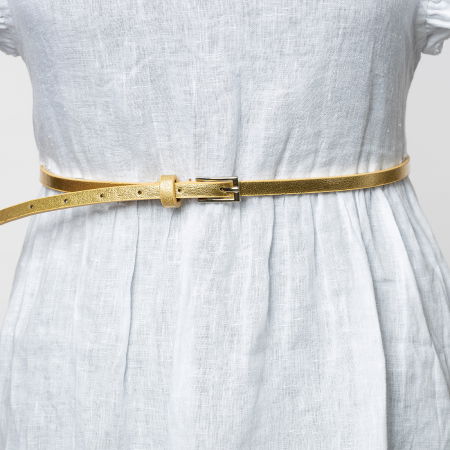 Curele din Piele Ecologica - Curea subtire aurie de 0.9 cm, din piele ecologica cu catarama metalica argintie dreptunghiulara