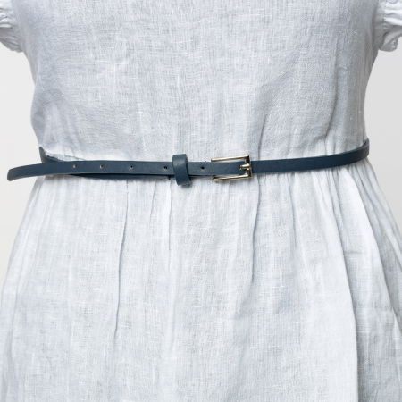 Curele & Centuri - Curea subtire bleumarin de 0.9 cm, din piele ecologica cu catarama metalica argintie dreptunghiulara