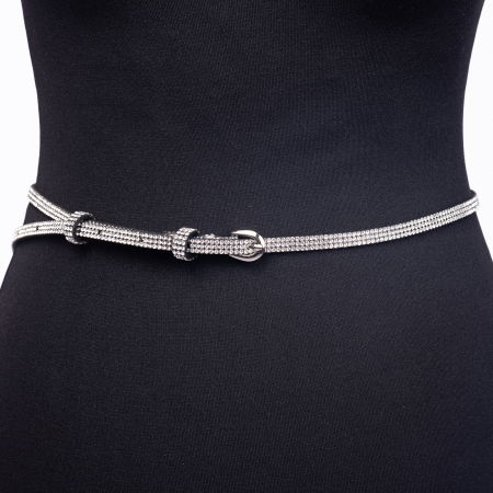 Curele & Centuri - Curea subtire de 7 mm cu strasuri argintii aplicate pe piele ecologica neagra