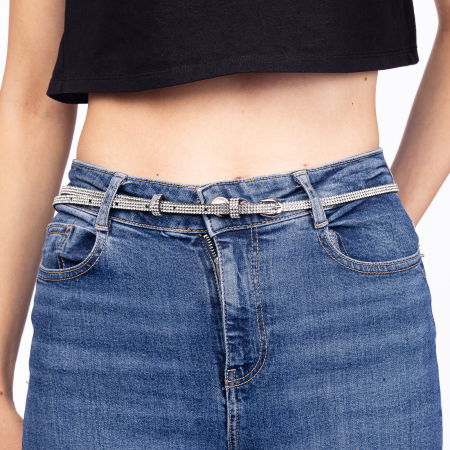 Curea subtire de 7 mm cu strasuri argintii aplicate pe piele ecologica neagra [1]