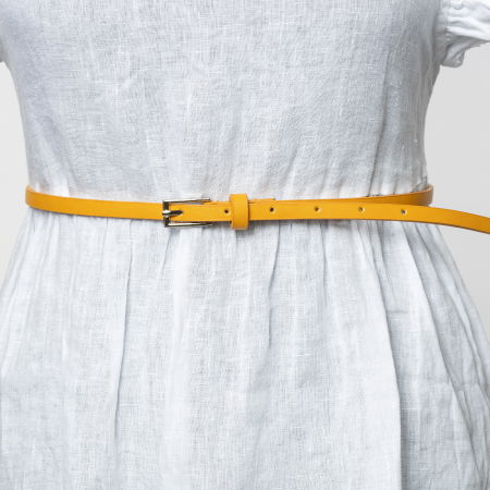 Curele & Centuri - Curea subtire galbena de 0.9 cm, din piele ecologica cu catarama metalica argintie dreptunghiulara