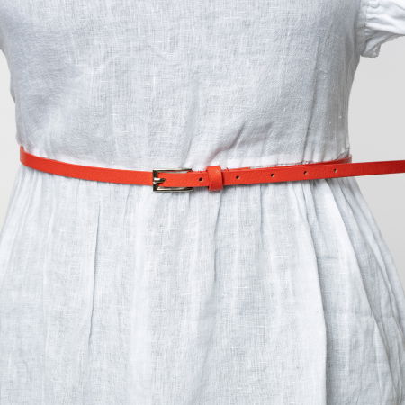 Curele & Centuri - Curea subtire rosie de 0.9 cm, din piele ecologica cu catarama metalica argintie dreptunghiulara