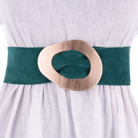 Curele & Centuri - Curea turcoaz inchis din piele intoarsa naturala cu latime de 8 cm, catarama aurie neregulata