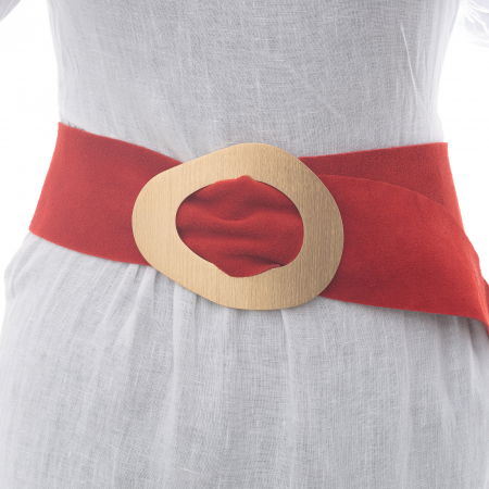 Curele & Centuri - Curea rosie din piele intoarsa naturala cu latime de 8 cm, catarama aurie neregulata