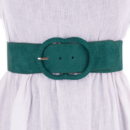 Curele & Centuri - Curea din piele intoarsa ecologica cu catarama imbracata si elastic la spate, verde