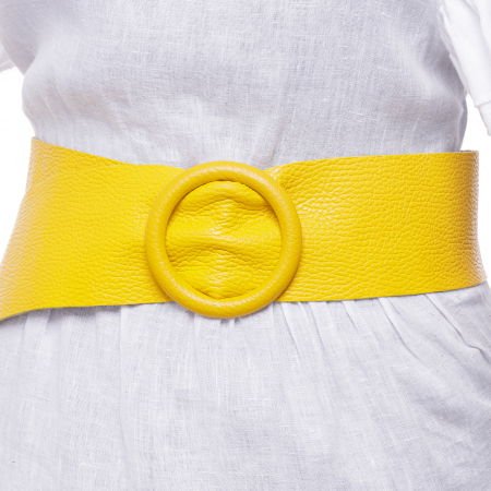 Curele & Centuri - Curea galbena din piele naturala cu latime de 7 cm, catarama rotunda imbracata in piele